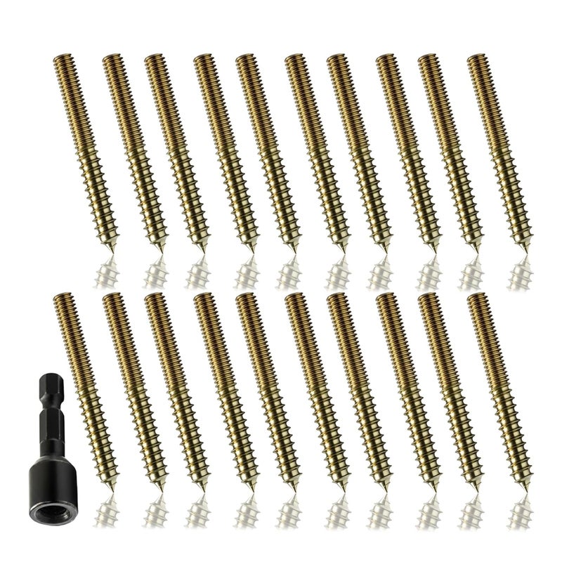 BokWin 20 Pack 3/8-16 x 3 Inch Hanger Bolts, Gold Double Headed Bolt with Driver Bit, Self Tapping Screw for Wood Furniture Joint, DIY Projects，Threaded Rod Screws - Image 1